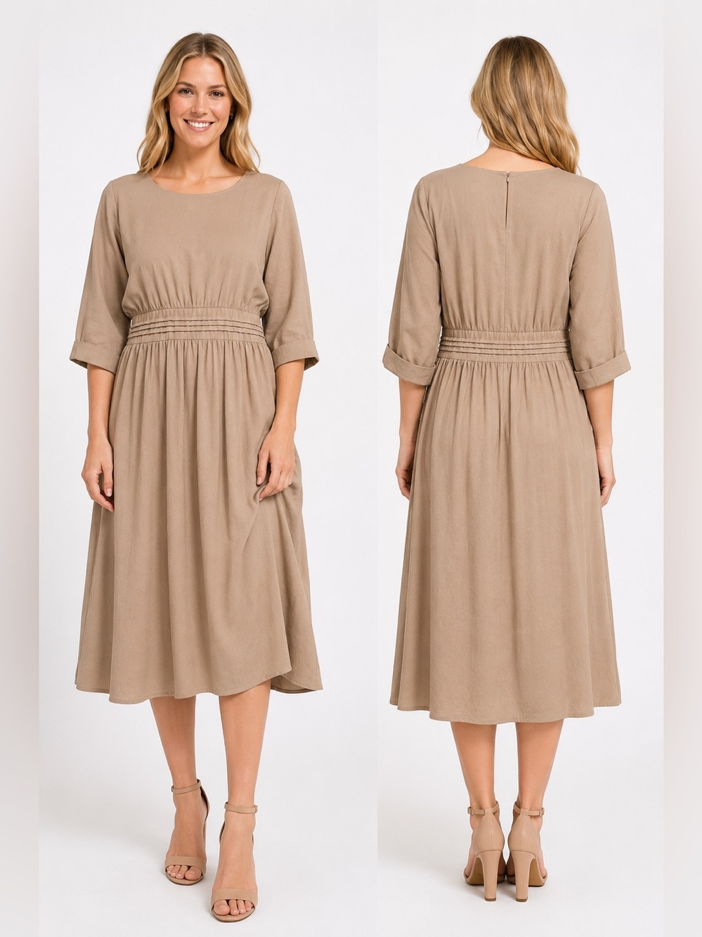 Dainty Jewells Taupe Midi Dress with Smocked Waist